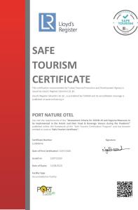 una captura de pantalla del sitio web del certificado de turismo seguro en Port Nature Luxury Resort, en Belek
