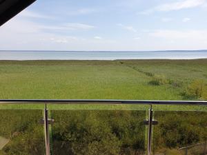 a view of a field of grass and the ocean at Apartamenty z widokiem na Zalew in Krynica Morska