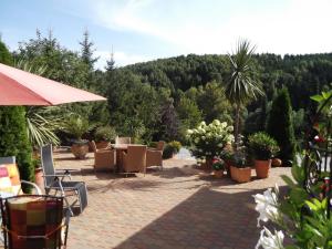 eine Terrasse mit Tischen und Stühlen sowie Pflanzen und Bäumen in der Unterkunft Pension Waldhof in Trautenstein