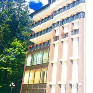 un grand bâtiment avec des boîtes de fleurs sur les balcons dans l'établissement Hotel Hart, à Predeal