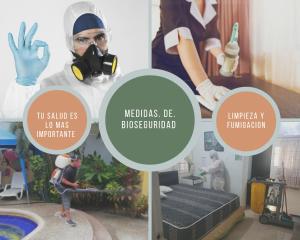 a collage of pictures of a laboratory with a person in a respirator at Rio Suites in Tonsupa