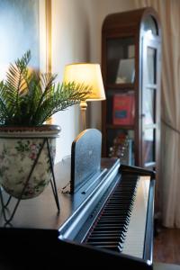 Spartýlas的住宿－Lorantina House_ Holidays in Corfu，坐在盆栽旁边桌子上的钢琴