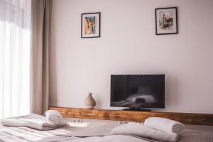 a bedroom with two beds and a flat screen tv at Mathias Rex in Szentendre