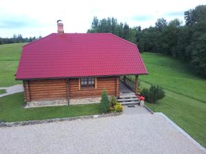 a log cabin with a red roof on a hill at Lielie Kupri in Lautere