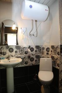 a bathroom with a toilet and a sink and a mirror at Hotel Svanseti in Mestia +162 photos