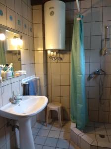 een badkamer met een wastafel en een douche bij Villa Alexandra in Iraklitsa