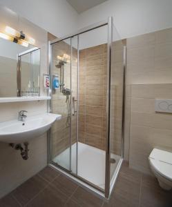 uma casa de banho com um chuveiro e um lavatório. em Hotel Tři Růže em Spindleruv Mlyn