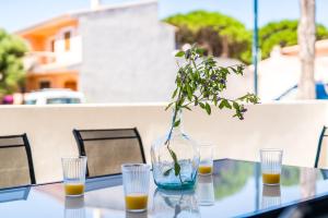 um vaso com uma planta sobre uma mesa com copos em Cala Morlanda 1 em S'illot