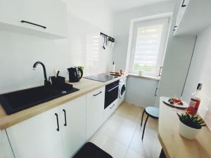 cocina blanca con fregadero y fogones en Apartament 23, en Tarnów