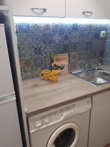 a kitchen counter with a washing machine and a sink at HostEx Meraki Apartment in Stara Zagora