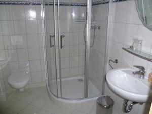uma casa de banho com um chuveiro, um lavatório e um WC. em Fahrradpension-Joachimsthal em Joachimsthal
