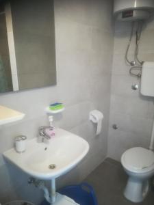 La salle de bains est pourvue d'un lavabo blanc et de toilettes. dans l'établissement Apartmani Huljev, à Primošten