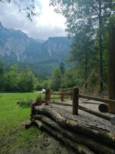 a fence in a field with mountains in the background at Skalca in Kamniška Bistrica