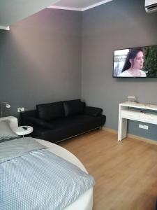 NORD APARTAMENTS في زالاو: غرفة معيشة مع أريكة وتلفزيون على الحائط
