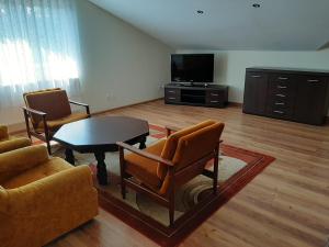 ein Wohnzimmer mit einem Sofa, einem Tisch und einem TV in der Unterkunft Apartamenty i Pokoje Willa Dafne in Ciechocinek