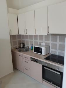 a kitchen with a microwave and a sink at Apartments Becici in Budva