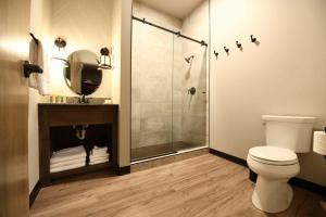 a bathroom with a shower and a toilet and a sink at Crosby Lofts in Crosby