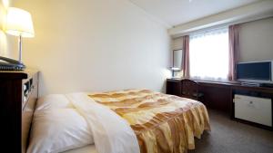 a hotel room with a bed and a television at Hotel Pao in Hiroshima