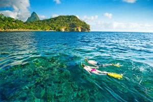 two people swimming in the water in the ocean at Anse Chastanet Resort in Soufrière