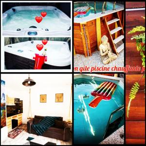 een collage van foto's van een kamer met een hot tub bij Studio London & Studio Chalet in Pannes