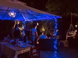 a group of people standing around a table with blue lights at Villa Bacchetta - Garden View in Oleggio Castello