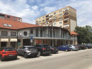 a row of cars parked in a parking lot in front of a building at Kondé Apartments A in Dunajská Streda