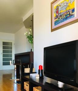 a living room with a large flat screen tv at Trogir family space 90m2 in Trogir