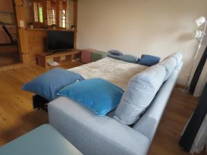 a couch with blue pillows in a living room at Holzhaus bei Interlaken in Goldswil