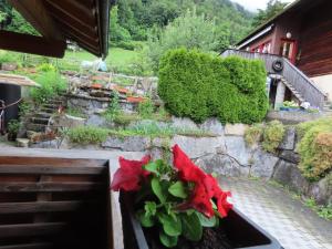 een bloempot met rode bloemen in een tuin bij Holzhaus bei Interlaken in Goldswil