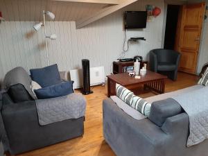 uma sala de estar com dois sofás e uma mesa em Chalet Joran & Naomi em Barvaux