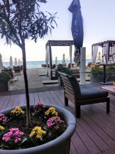 a patio with a tree and a chair and flowers at Kymata in Paralia Katerinis