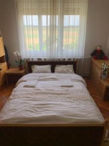 a large bed in a bedroom with a large window at Kata apartment in Tolna