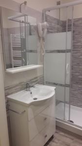 ein weißes Bad mit einem Waschbecken und einer Dusche in der Unterkunft B&B "La Camelia" in Rieti