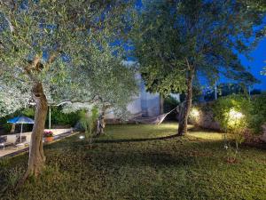 eine Hängematte in einem Garten mit Bäumen und einem Haus in der Unterkunft Hotel Colle Del Sole in Alberobello
