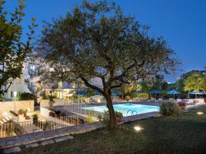 un árbol frente a una piscina por la noche en Hotel Colle Del Sole, en Alberobello