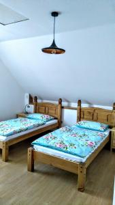 2 camas individuales en una habitación con techo en Vila v Podkrušnohoří en Jirkov