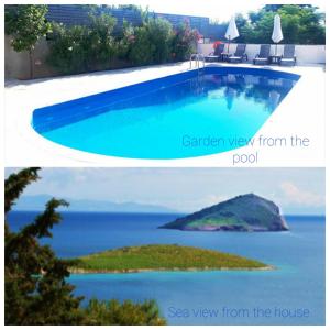ポルト・ラフティにあるSeaside Pool Villa Porto Rafti with Spectacular Sea Viewのスイミングプールと島の写真2枚のコラージュ