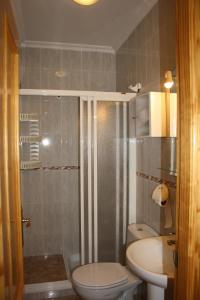 een badkamer met een douche, een toilet en een wastafel bij Estrella de Mar in Los Urrutias