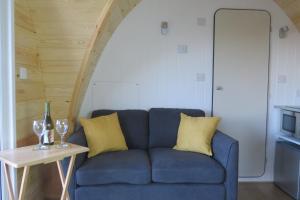 a blue couch with yellow pillows and a table at Cheshire View in Ellesmere