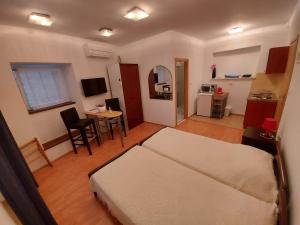 Cet appartement comprend une chambre avec un lit et une table ainsi qu'une cuisine. dans l'établissement Guesthouse Boris, à Labin