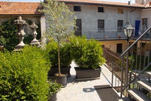a courtyard with potted trees and a building at CENTRALE in Orio al Serio