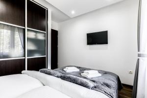 a white room with a bed and a tv at Apartament MAJA 13 in Zakopane