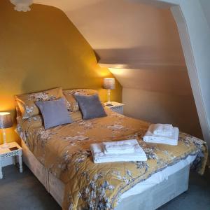 - une chambre avec un lit doté d'oreillers et de livres dans l'établissement Pendyffryn Manor Bed & Breakfast, à Little Haven