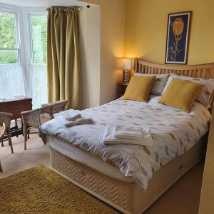 a bedroom with a large bed and a window at Pendyffryn Manor Bed & Breakfast in Little Haven