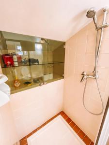 a bathroom with a shower with a glass door at Casa Zoe in Lezzeno
