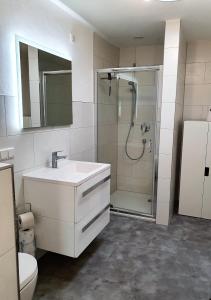 W łazience znajduje się prysznic, umywalka i toaleta. w obiekcie Pension Nickel Ferienwohnung Waldstraße 18 Alsbach-Hähnlein w mieście Alsbach-Hähnlein