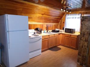 - une cuisine avec des placards en bois et un réfrigérateur blanc dans l'établissement Tranquil Oaks Cabin, à Wellington