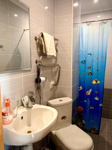 a bathroom with a toilet, sink, and shower stall at Mini hotel Solnce Karpat in Polyana
