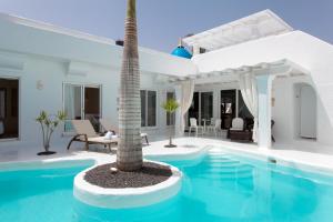 a villa with a palm tree in the middle of a swimming pool at Villa 44 in Corralejo