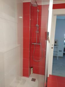 a red bathroom with a shower with a hose at EL RINCON DE LUZ 2 in Padrón +25 photos